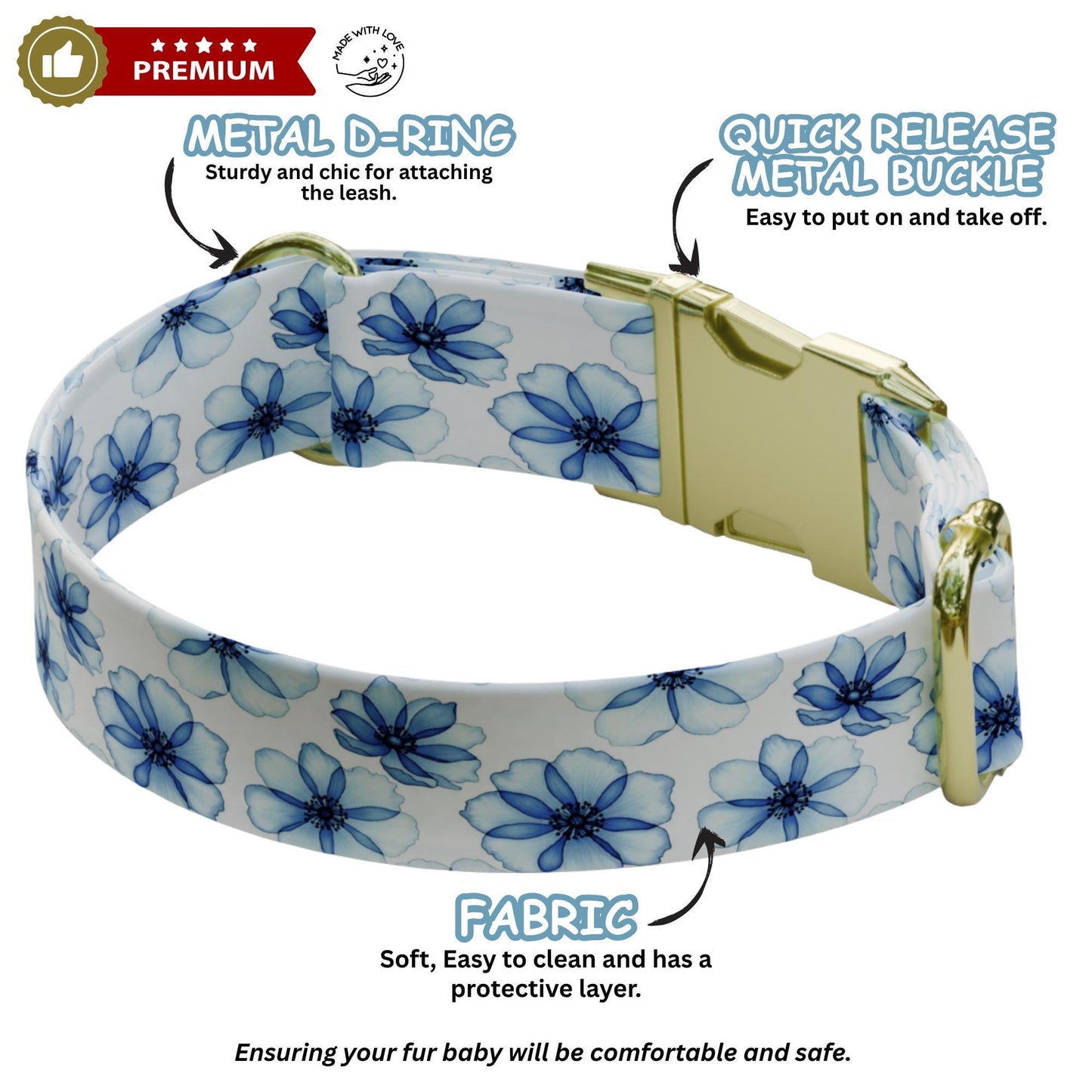 Daisy Dreams Personalized Dog Collar & Leash Set Custom Blue Floral Puppy Collar (OG-552)