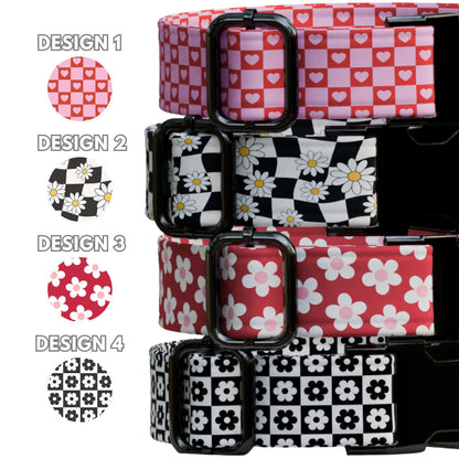 Red Black Personalized Floral Dog Collar with Name White Daisy Collar & Leash Set (OG-519)