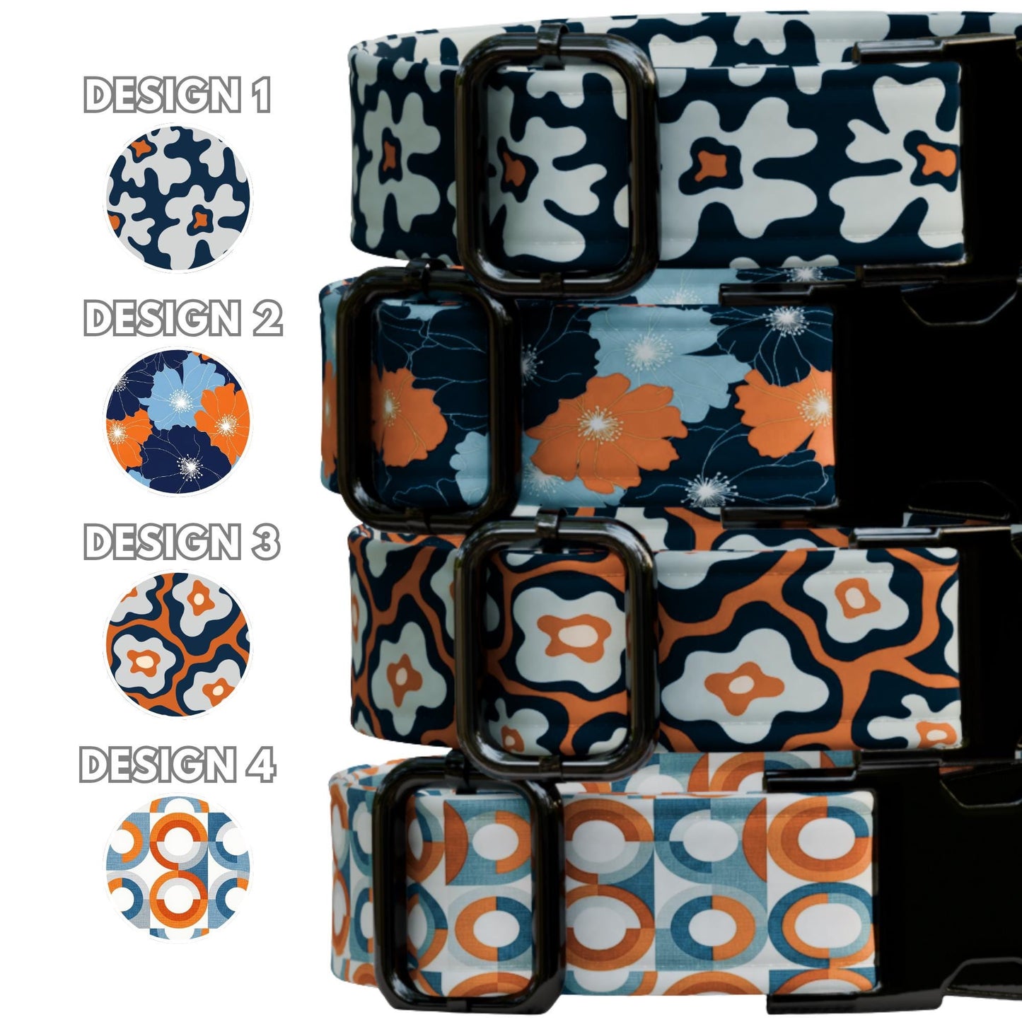 Blue Orange Floral Dog Collar Leash Set Personalized Engraved Pet Name Flowers Boho (OG-520)