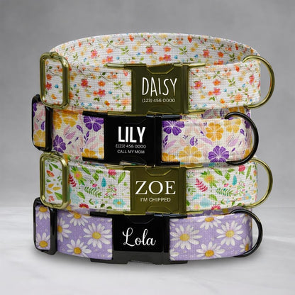 Floral Personalized Dog Collar with NamePlate Custom Engraved ID Flower for Girl Dogs (OG-518)