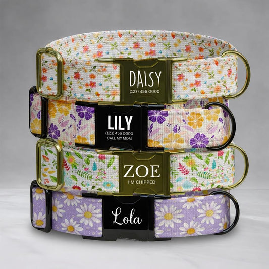 Floral Personalized Dog Collar with NamePlate Custom Engraved ID Flower for Girl Dogs (OG-518)