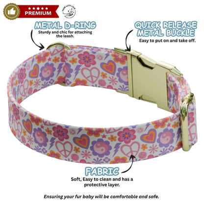 Groovy Pastel Personalized Dog Collar Retro Flower and Rainbow Vibes Puppy ID Tag (OG-525)
