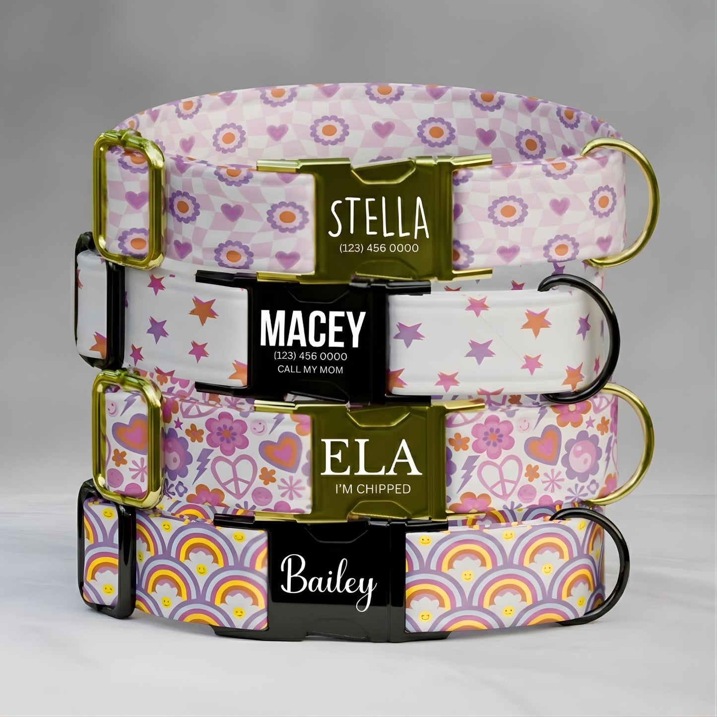 Groovy Pastel Personalized Dog Collar Retro Flower and Rainbow Vibes Puppy ID Tag (OG-525)
