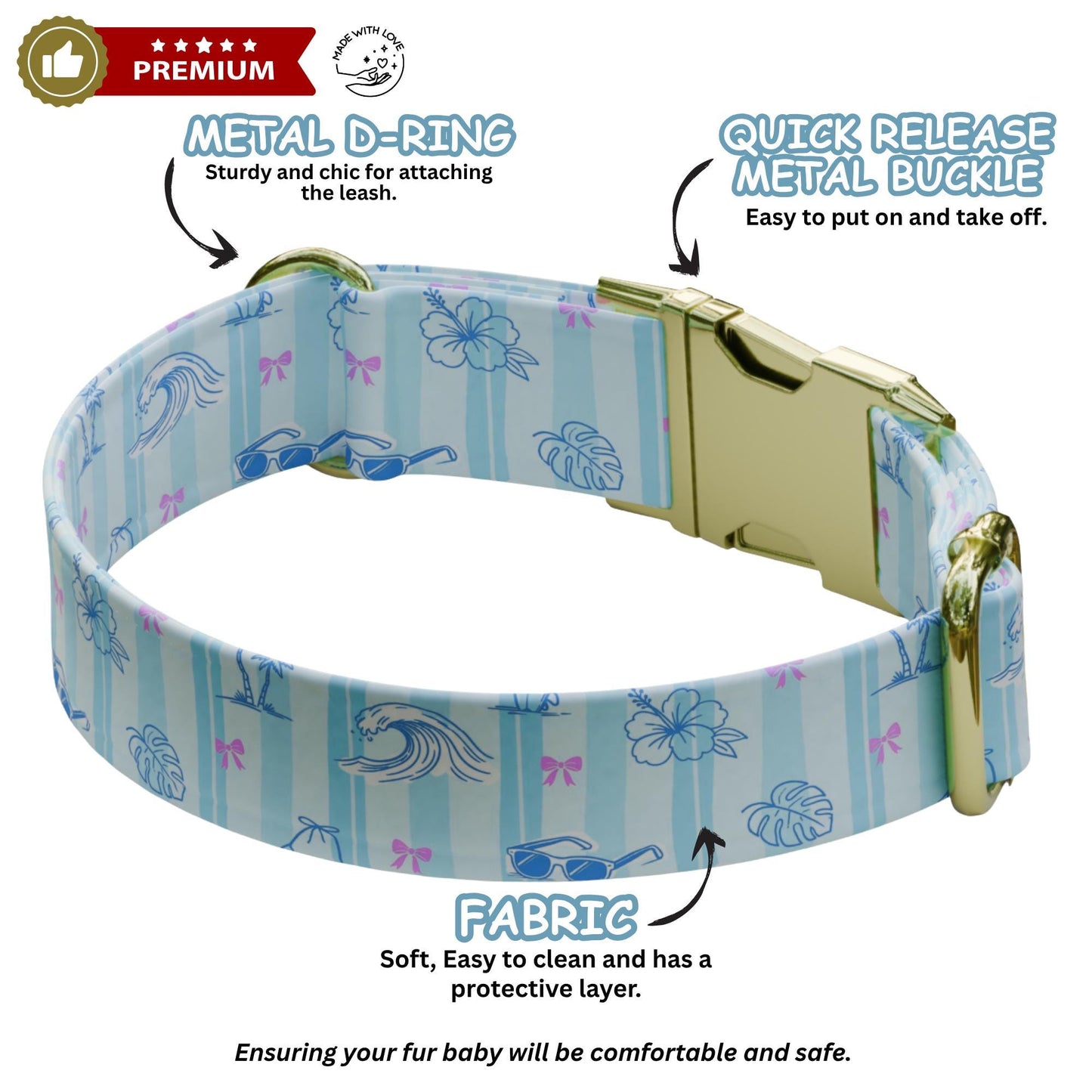 Summer Vibes Dog Collar Personalized Leash Set Beachy Blue Ocean Custom Pet Collar (OG-555)