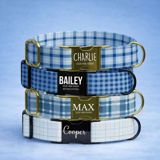 Blue Plaid Print Personalized Dog Collar Custom Name Matching Leash Set Blue Tag (OG-515)