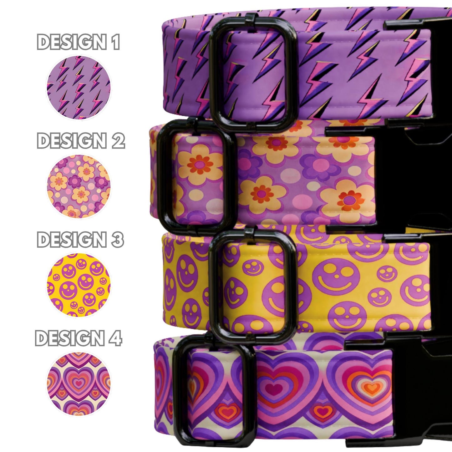 Groovy Personalized Dog Collar & Leash Set Custom Retro Flower, Smiley, Lightning Bolt Vibes (OG-540)