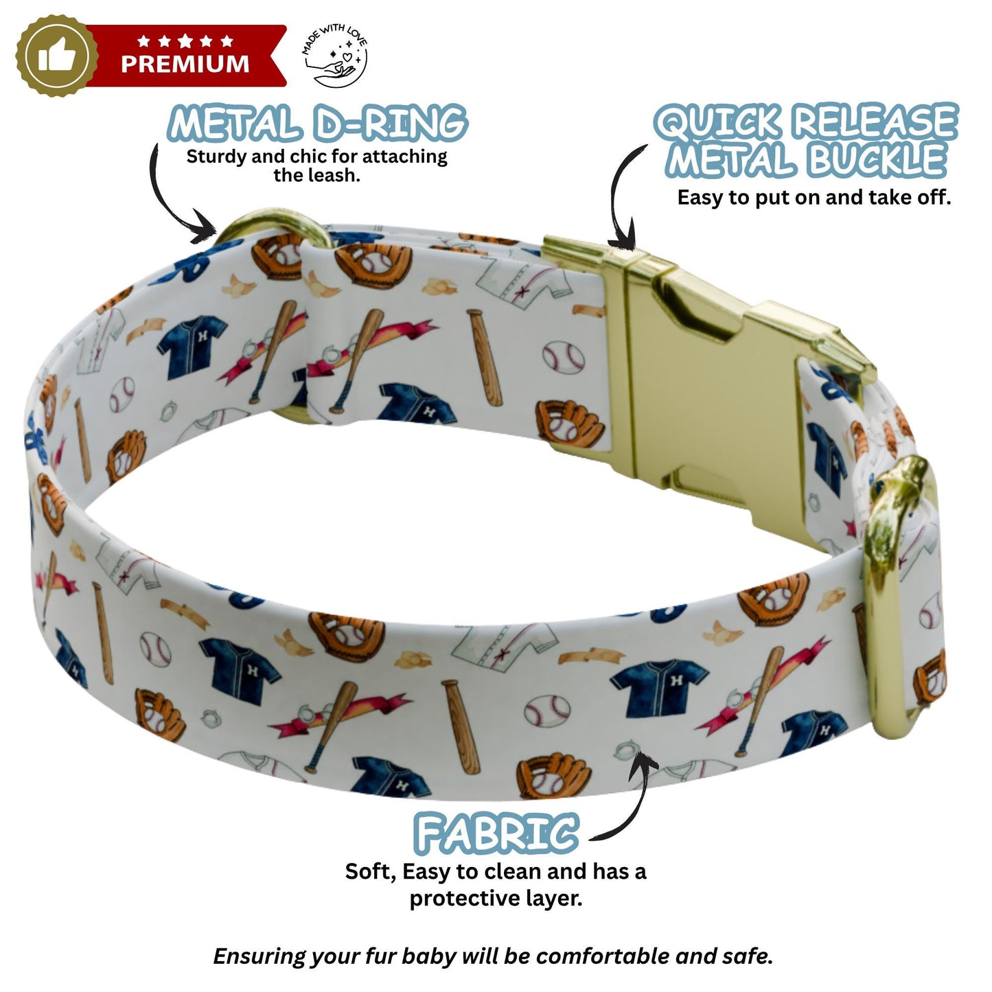 Personalized Baseball Dog Collar with Leash: Custom USA Handmade Sports Collar (OG-544)