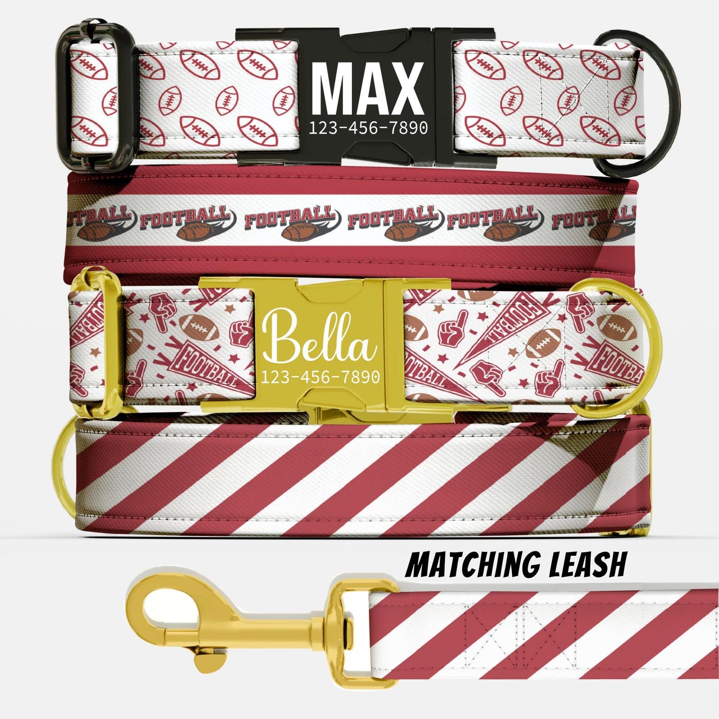 Cardinal Red & White Striped Dog Collar – Personalized Football Game Day Collar – Custom Engraved Name – Saturday Series (OG-437)