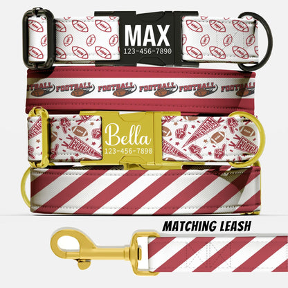 Cardinal Red & White Striped Dog Collar – Personalized Football Game Day Collar – Custom Engraved Name – Saturday Series (OG-437)